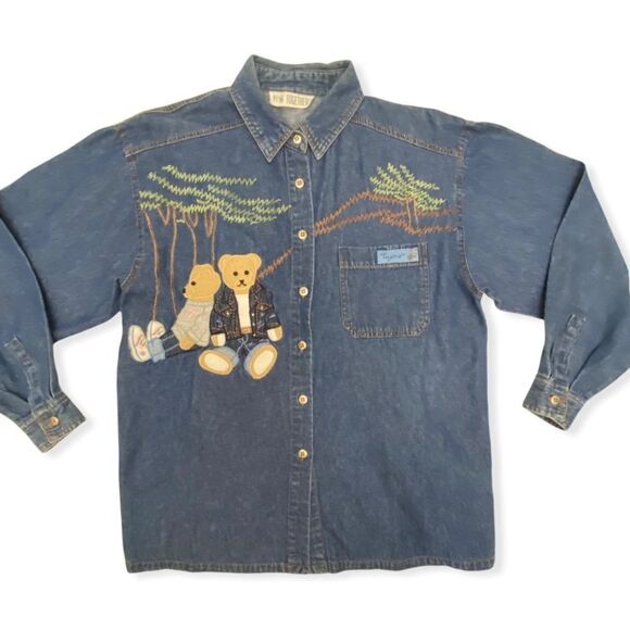 Vintage Embroidered Teddy Bear Chambray Denim Button Down Shirt - Picture 1 of 10